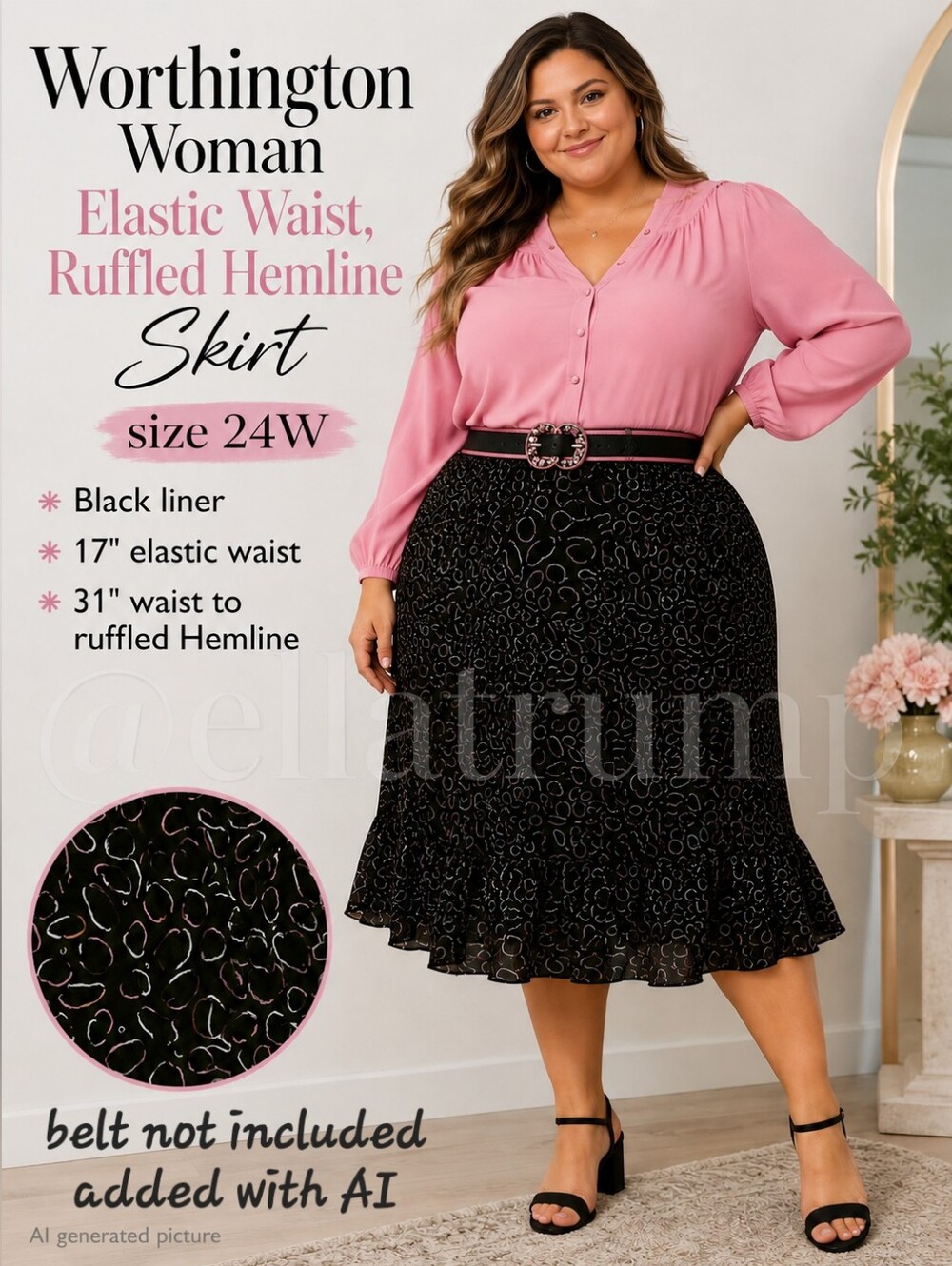 Worthington Woman Elastic Waisted Ruffled Hemline Skirt size 24W